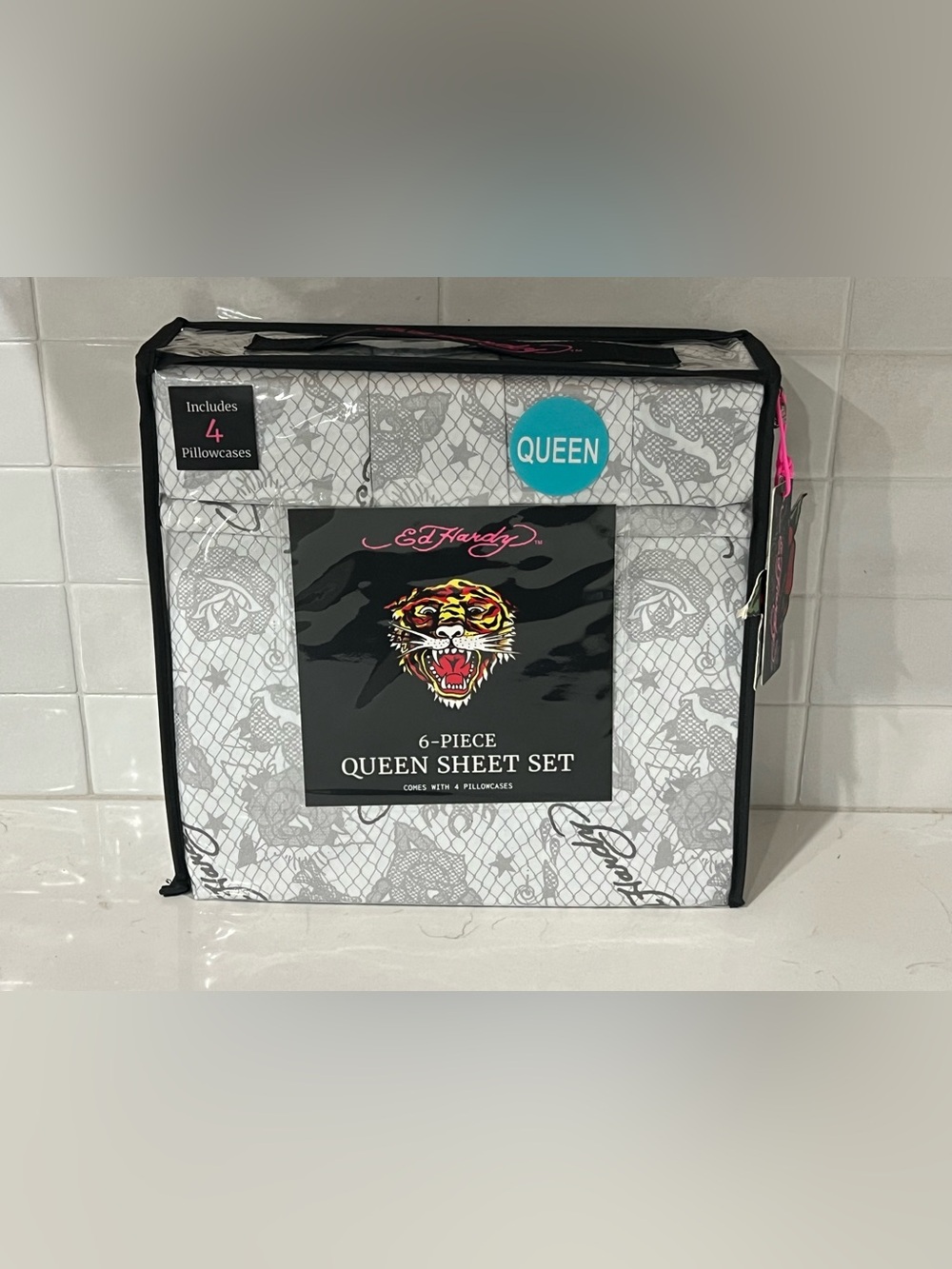 ED HARDY QUEEN Sheet Set 6pc New Skull Roses Heart Tattoo Grunge Y2K White Gray